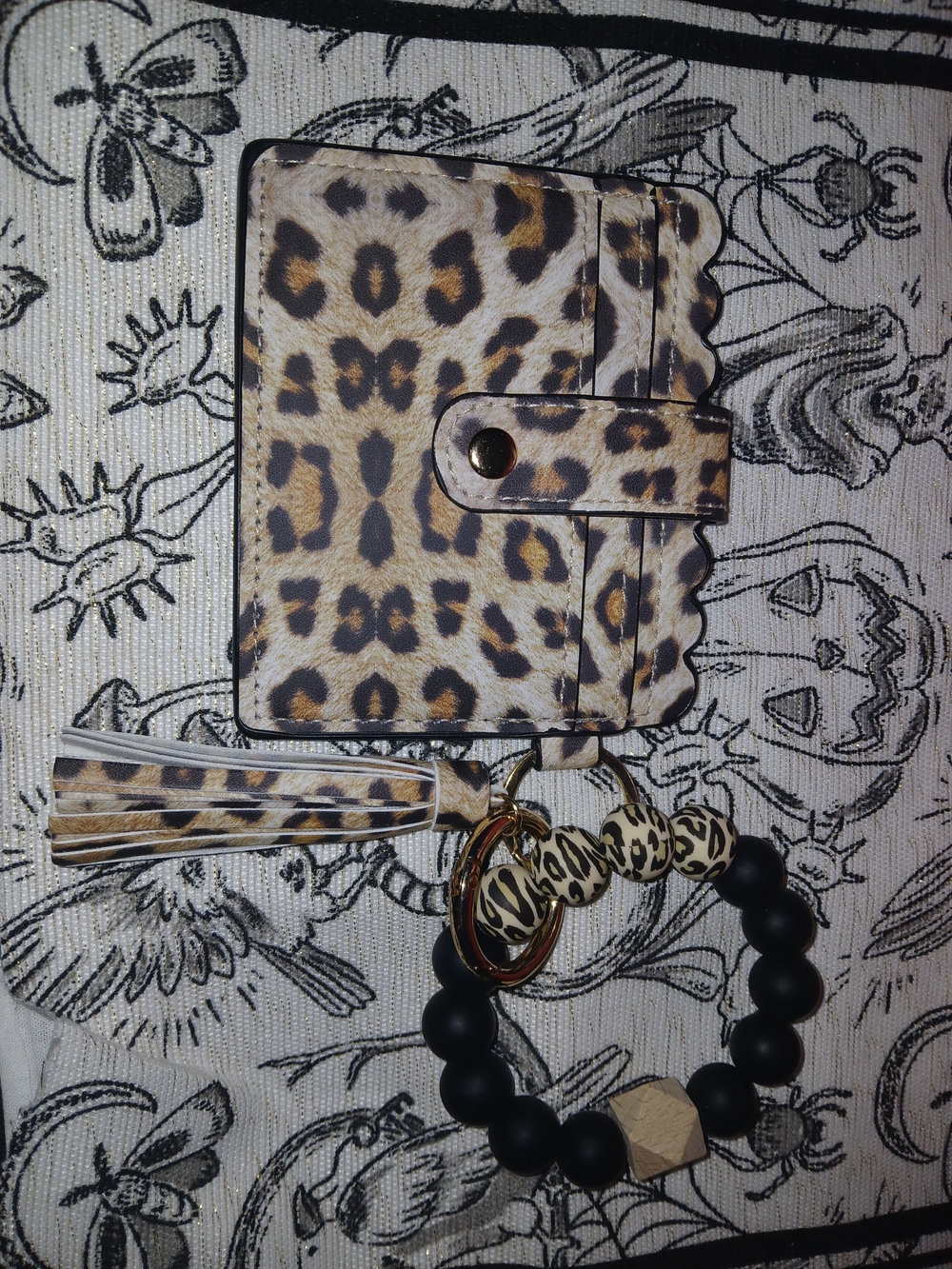 Leopard Print Wristlet Clutch with Beaded Bracelet